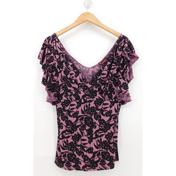 VTG First Kiss Floral Y2K Top‎ Blouse 90s Cap Sleeve Purple Black Floral Size S - Picture 2 of 4